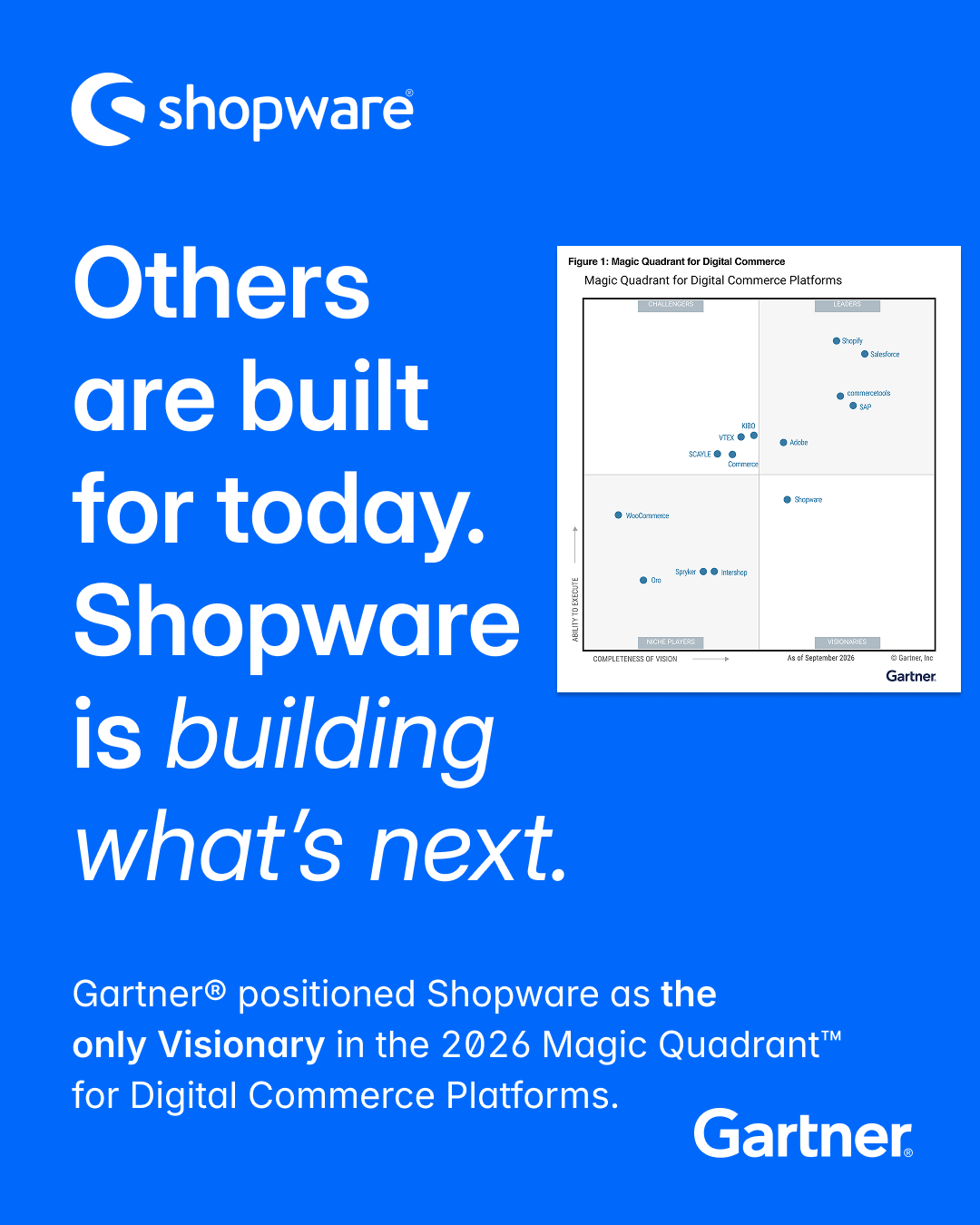 Shopware's approved graphic for the 2026 Gartner Magic Quadrant for Digital Commerce Platforms with Shopware alone in Visionaries